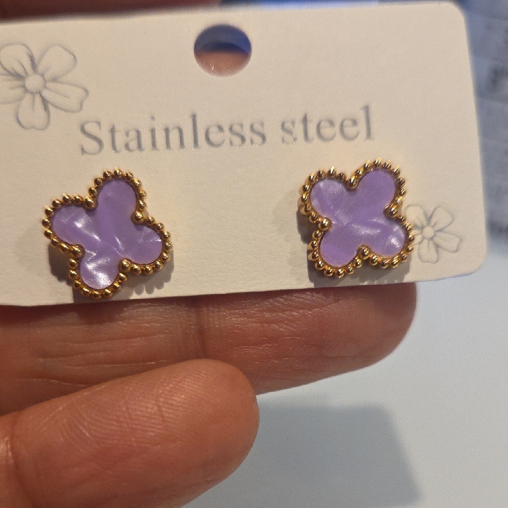 Gold and Purple Stainless Steel Flower Earrings